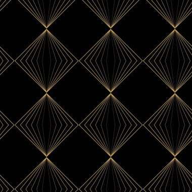 Çizgili ve çizgili soyut geometrik desen. Kusursuz vektör arkaplanı. Siyah ve altın süs. Modern retiküle grafik tasarımı.