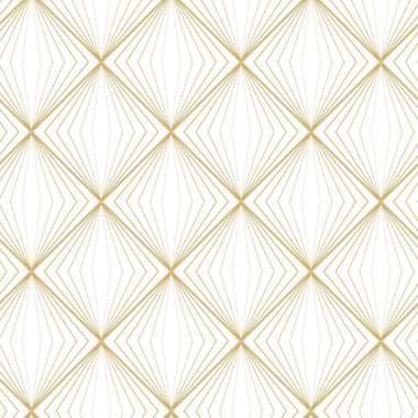 Çizgili ve çizgili soyut geometrik desen. Kusursuz vektör arkaplanı. Beyaz ve altın süs. Modern retiküle grafik tasarımı.