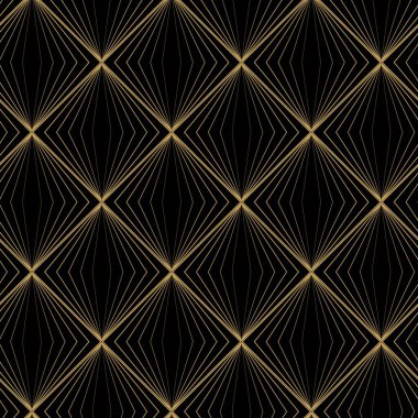 Çizgili ve çizgili soyut geometrik desen. Kusursuz vektör arkaplanı. Siyah ve altın süs. Modern retiküle grafik tasarımı.
