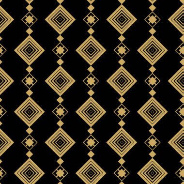 Zincirli, çizgili, çizgili soyut geometrik desen. Kusursuz vektör arkaplanı. Siyah ve altın süs. Modern retiküle grafik tasarımı.