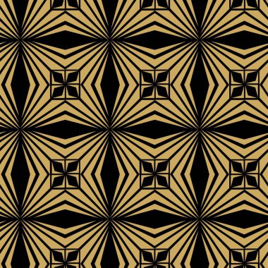 Çizgili ve çizgili soyut geometrik desen. Kusursuz vektör arkaplanı. Siyah ve altın çiçekli süs. Modern retiküle grafik tasarımı.