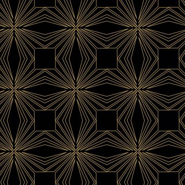 Çizgili ve çizgili soyut geometrik desen. Kusursuz vektör arkaplanı. Siyah ve altın çiçekli süs. Modern retiküle grafik tasarımı.