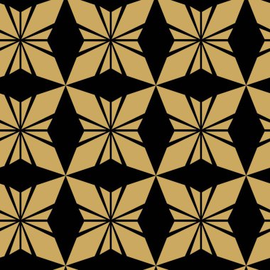 Çizgili ve çizgili soyut geometrik desen. Kusursuz vektör arkaplanı. Siyah ve altın çiçekli süs. Modern retiküle grafik tasarımı.