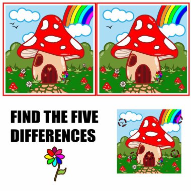 Farklılık bul, çocuklar için eğitim oyunu. Mantar konsepti. Hayal gücü ve fantezi, peri masalı. Flora ve Fauna, doğa. Çizgi film düz vektör çizimi. Çocuk çizimi.