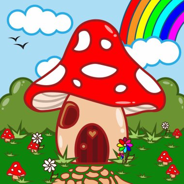 Mantar konsepti. Hayal gücü ve fantezi, peri masalı. Flora ve Fauna, doğa. Çizgi film düz vektör çizimi. Çocuk çizimi.