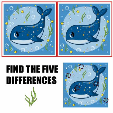 Farklılık bul, çocuklar için eğitim oyunu. Şirin balina yüzme çizgi filmi vektör çizimi. Hayvan doğa konsepti vektörü.
