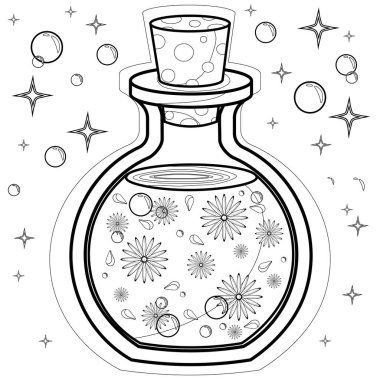 Çocuklar ve yetişkinler için boyama sayfası. Denizkızı boyama kitabı. Çiçekli gizemli cam şişe. Çiçek iksiriyle dolu bir şişe. Çizgi film ana hatlı vektör çizimi. Çocuk çizimi.