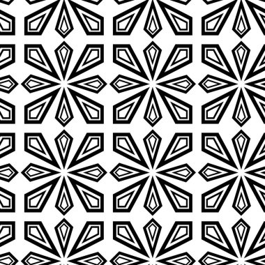 Çizgili ve çizgili soyut geometrik desen. Kusursuz vektör arkaplanı. Beyaz ve siyah çiçek süsü. Modern retiküle grafik tasarımı.