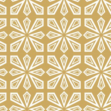 Çizgili ve çizgili soyut geometrik desen. Kusursuz vektör arkaplanı. Beyaz ve altın çiçekli süs. Modern retiküle grafik tasarımı.