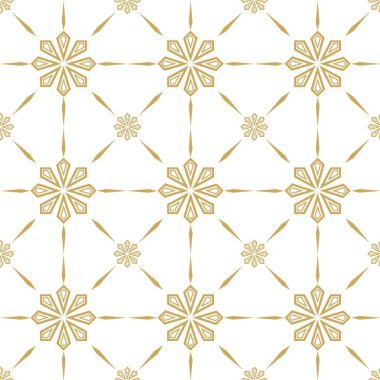 Çizgili ve çizgili soyut geometrik desen. Kusursuz vektör arkaplanı. Beyaz ve altın çiçekli süs. Modern retiküle grafik tasarımı.