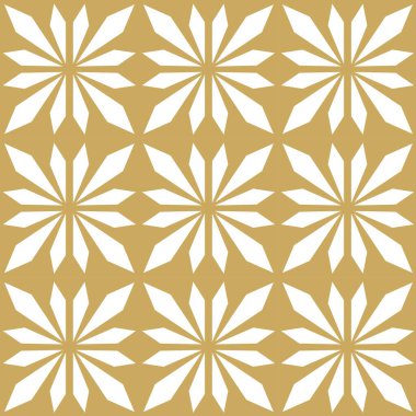 Çizgili ve çizgili soyut geometrik desen. Kusursuz vektör arkaplanı. Beyaz ve altın çiçekli süs. Modern retiküle grafik tasarımı.