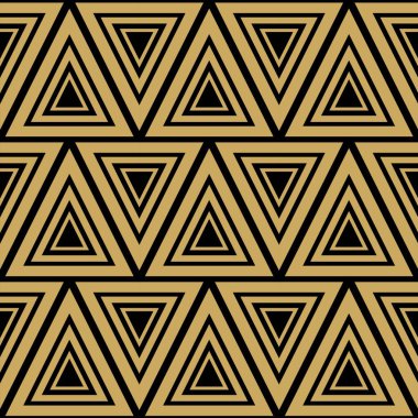 Üçgenleri, çizgileri ve çizgileri olan soyut geometrik desen. Kusursuz vektör arkaplanı. Siyah ve altın süs. Modern retiküle grafik tasarımı.