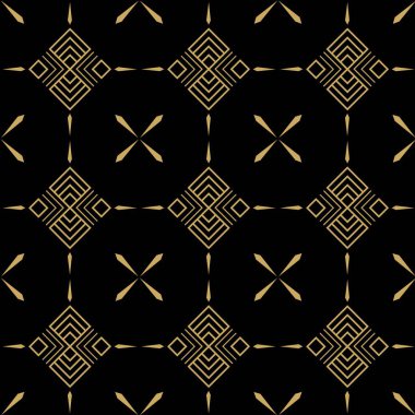 Çizgili ve çizgili soyut geometrik desen. Kusursuz vektör arkaplanı. Siyah ve altın süs. Modern retiküle grafik tasarımı.