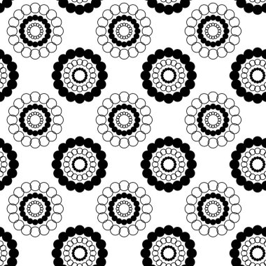 Dairesel, çizgili, çizgili, soyut geometrik desen. Kusursuz vektör arkaplanı. Beyaz ve siyah çiçek süsü. Modern retiküle grafik tasarımı.