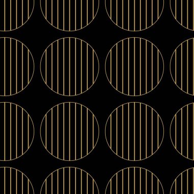 Dairesel, çizgili, çizgili, soyut geometrik desen. Kusursuz vektör arkaplanı. Siyah ve altın süs. Modern retiküle grafik tasarımı.