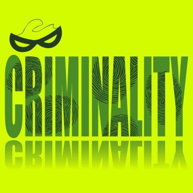 Suç afişi. Sosyal temalı vektör posteri. Yeşil arkaplanda yansımalı kelime suçluluğu.