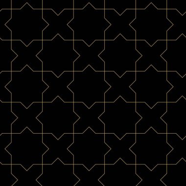 Haçlı, çizgili, çizgili soyut geometrik desen. Kusursuz vektör arkaplanı. Siyah ve altın süs. Modern retiküle grafik tasarımı.
