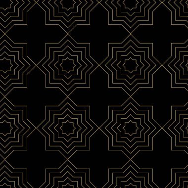 Haçlı, çizgili, çizgili soyut geometrik desen. Kusursuz vektör arkaplanı. Siyah ve altın süs. Modern retiküle grafik tasarımı.