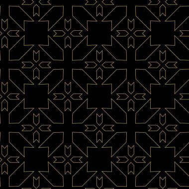 Haçlı, çizgili, çizgili soyut geometrik desen. Kusursuz vektör arkaplanı. Siyah ve altın süs. Modern retiküle grafik tasarımı.