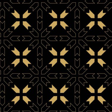 Haçlı, çizgili, çizgili soyut geometrik desen. Kusursuz vektör arkaplanı. Siyah ve altın süs. Modern retiküle grafik tasarımı.