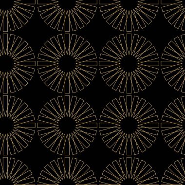Dairesel, haçlı, çizgili, çizgili soyut geometrik desen. Kusursuz vektör arkaplanı. Siyah ve altın süs. Modern retiküle grafik tasarımı.
