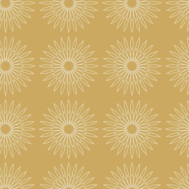 Dairesel, haçlı, çizgili, çizgili soyut geometrik desen. Kusursuz vektör arkaplanı. Beyaz ve altın süs. Modern retiküle grafik tasarımı.