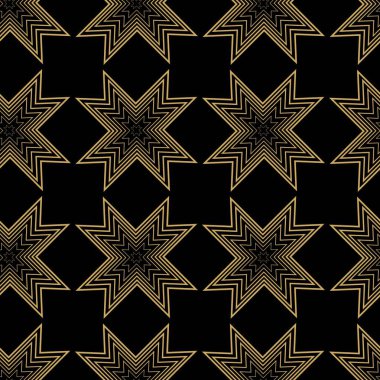 Haçlı, çizgili, çizgili soyut geometrik desen. Kusursuz vektör arkaplanı. Siyah ve altın süs. Modern retiküle grafik tasarımı.