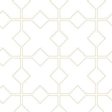 Haçlı, çizgili, çizgili soyut geometrik desen. Kusursuz vektör arkaplanı. Beyaz ve altın süs. Modern retiküle grafik tasarımı.