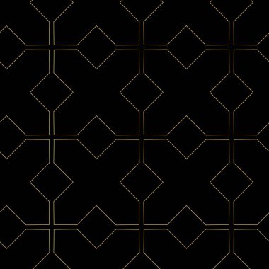 Haçlı, çizgili, çizgili soyut geometrik desen. Kusursuz vektör arkaplanı. Siyah ve altın süs. Modern retiküle grafik tasarımı.