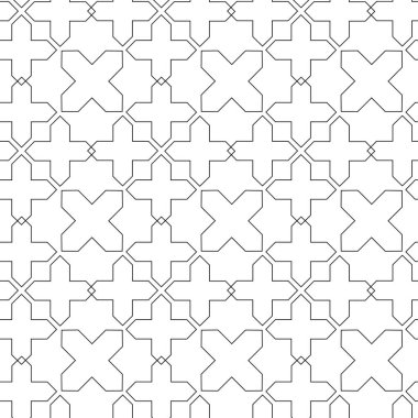 Haçlı, çizgili, çizgili soyut geometrik desen. Kusursuz vektör arkaplanı. Beyaz ve siyah süs. Modern retiküle grafik tasarımı.