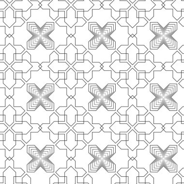 Haçlı, çizgili, çizgili soyut geometrik desen. Kusursuz vektör arkaplanı. Beyaz ve siyah süs. Modern retiküle grafik tasarımı.