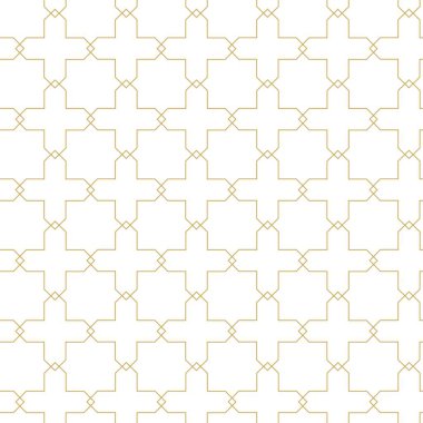 Haçlı, çizgili, çizgili soyut geometrik desen. Kusursuz vektör arkaplanı. Beyaz ve altın süs. Modern retiküle grafik tasarımı.