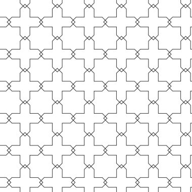 Haçlı, çizgili, çizgili soyut geometrik desen. Kusursuz vektör arkaplanı. Beyaz ve siyah süs. Modern retiküle grafik tasarımı.