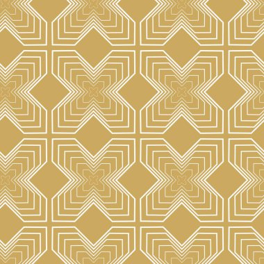 Haçlı, çizgili, çizgili soyut geometrik desen. Kusursuz vektör arkaplanı. Beyaz ve altın süs. Modern retiküle grafik tasarımı.