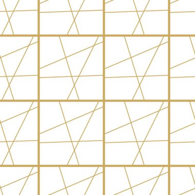 Haçlı, çizgili, çizgili soyut geometrik desen. Kusursuz vektör arkaplanı. Beyaz ve altın süs. Modern retiküle grafik tasarımı.