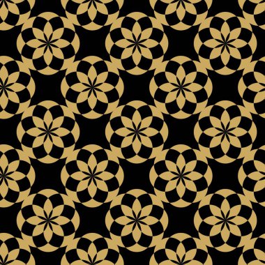 Dairesel, haçlı, çizgili, çizgili soyut geometrik desen. Kusursuz vektör arkaplanı. Siyah ve altın çiçekli süs. Modern retiküle grafik tasarımı.