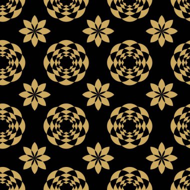 Dairesel, haçlı, çizgili, çizgili soyut geometrik desen. Kusursuz vektör arkaplanı. Siyah ve altın çiçekli süs. Modern retiküle grafik tasarımı.