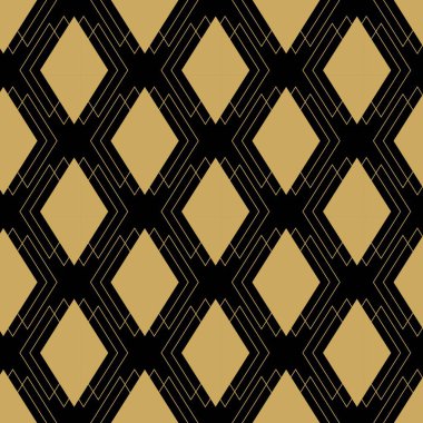 Haçlı, çizgili, çizgili soyut geometrik desen. Kusursuz vektör arkaplanı. Siyah ve altın süs. Modern retiküle grafik tasarımı.