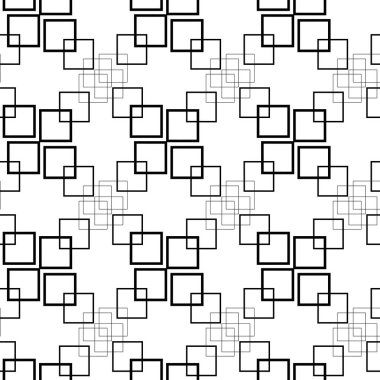 Kareler, çizgiler ve çizgilerle soyut geometrik desen. Kusursuz vektör arkaplanı. Beyaz ve siyah süs. Modern grafik tasarımı.