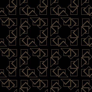 Kareler, çizgiler ve çizgilerle soyut geometrik desen. Kusursuz vektör arkaplanı. Siyah ve altın süs. Modern grafik tasarımı.