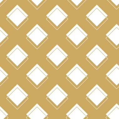 Kareler, çizgiler ve çizgilerle soyut geometrik desen. Kusursuz vektör arkaplanı. Beyaz ve altın süs. Modern grafik tasarımı.