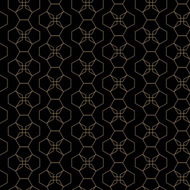 Altıgenli, çizgili, soyut geometrik desen. Kusursuz vektör arkaplanı. Siyah ve altın süs. Modern retiküle grafik tasarımı.