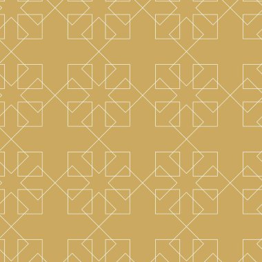Kareler, çizgiler ve çizgilerle soyut geometrik desen. Kusursuz vektör arkaplanı. Beyaz ve altın süs. Modern grafik tasarımı.