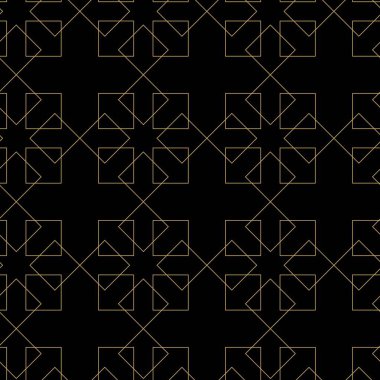 Kareler, çizgiler ve çizgilerle soyut geometrik desen. Kusursuz vektör arkaplanı. Siyah ve altın süs. Modern grafik tasarımı.