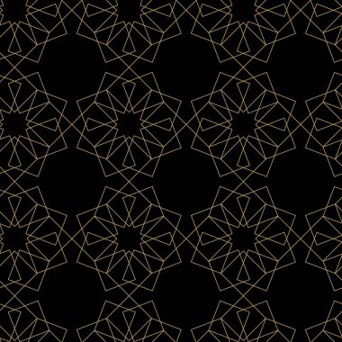 Kareler, çizgiler ve çizgilerle soyut geometrik desen. Kusursuz vektör arkaplanı. Siyah ve altın süs. Modern grafik tasarımı.
