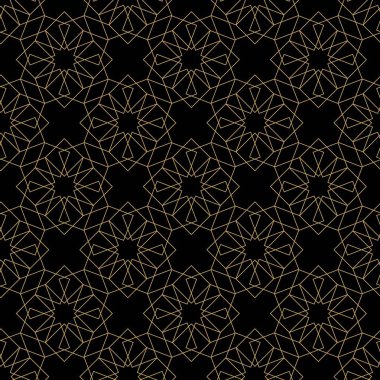 Kareler, çizgiler ve çizgilerle soyut geometrik desen. Kusursuz vektör arkaplanı. Siyah ve altın süs. Modern grafik tasarımı.