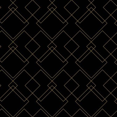 Kareler, çizgiler ve çizgilerle soyut geometrik desen. Kusursuz vektör arkaplanı. Siyah ve altın süs. Modern grafik tasarımı.