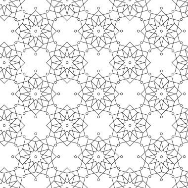 Kareler, çizgiler ve çizgilerle soyut geometrik desen. Kusursuz vektör arkaplanı. Beyaz ve siyah süs. Modern grafik tasarımı.