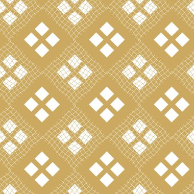 Kareler, çizgiler ve çizgilerle soyut geometrik desen. Kusursuz vektör arkaplanı. Beyaz ve altın süs. Modern grafik tasarımı.