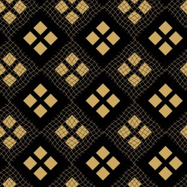 Kareler, çizgiler ve çizgilerle soyut geometrik desen. Kusursuz vektör arkaplanı. Siyah ve altın süs. Modern grafik tasarımı.